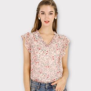 New Allegra K Women's Ruffle Tops Casual V Neck Floral Blouse Pink X-Small